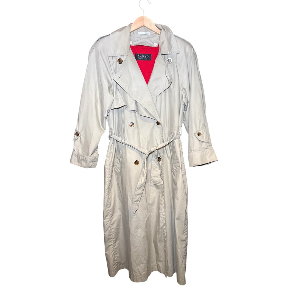 Sanyo Carol Cohen Womens Beige Double Breasted Trench Coat Wool Liner Size 6